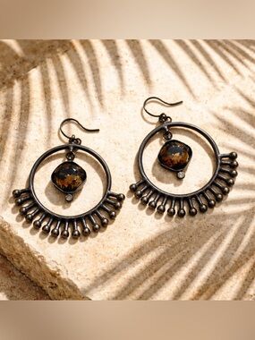 Vintage Gerard Yosca Etruscan Sunburst Dangle Earrings - Smoky Crystal